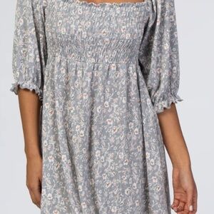 Floral Smocked Dress in Gray and White